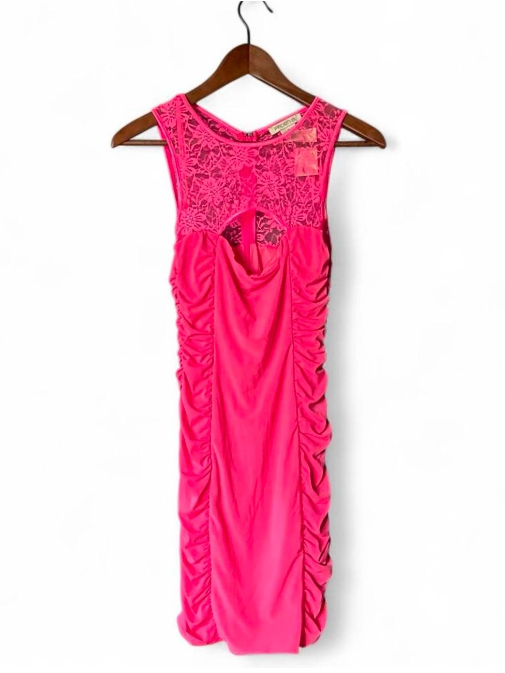 Arden B Bright Pink Lace Yoke Ruched Midi Dress